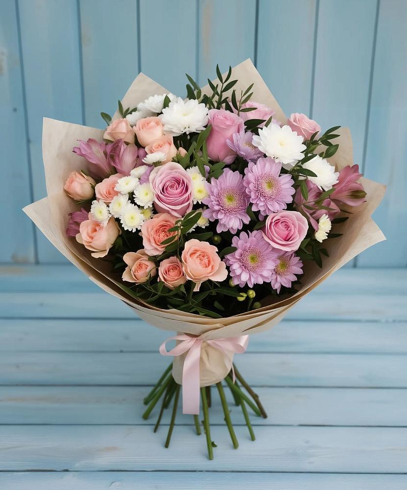 Букет цветов из: Хризантемы, Розы и Альстромерии в Масловой Пристани