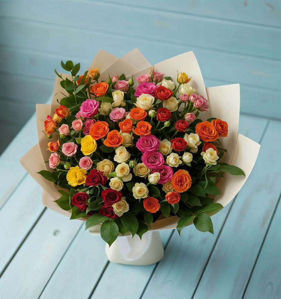 Букет Микс из разноцветных кустовых роз в Масловой Пристани