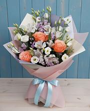 Букет цветов из:  Лизиантусы, Розы, Альстромерии и Гипсофила #REPLACE_PRED# Масловой Пристани