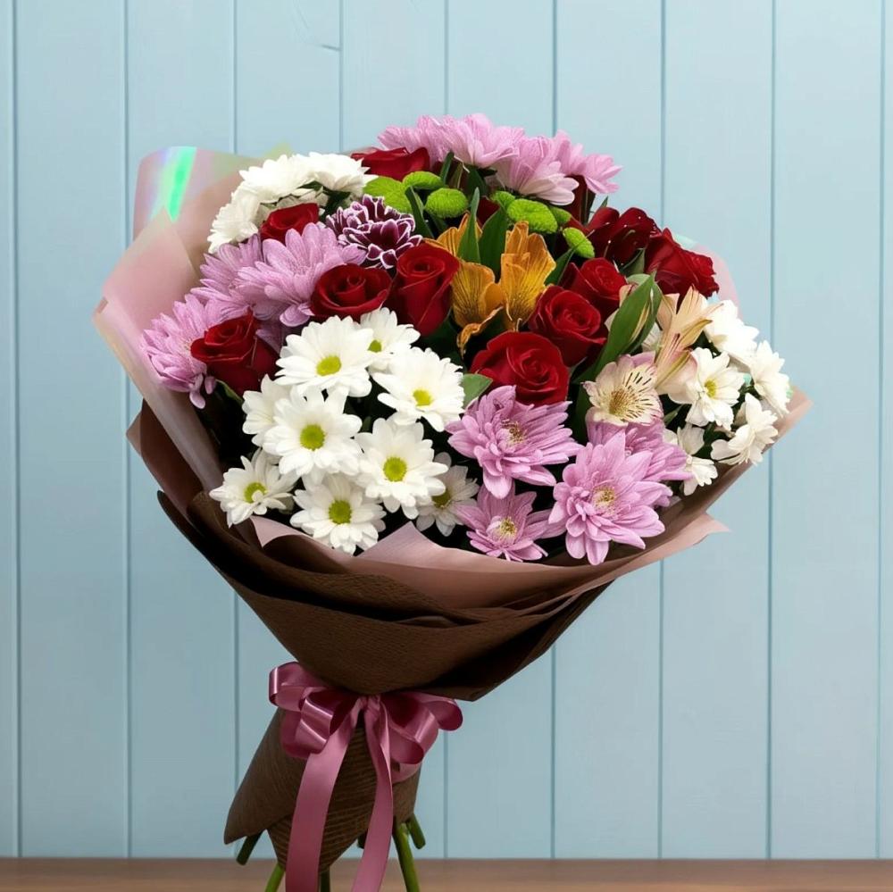 Букет цветов из: Розы, Хризантемы и Альстромерии в Масловой Пристани
